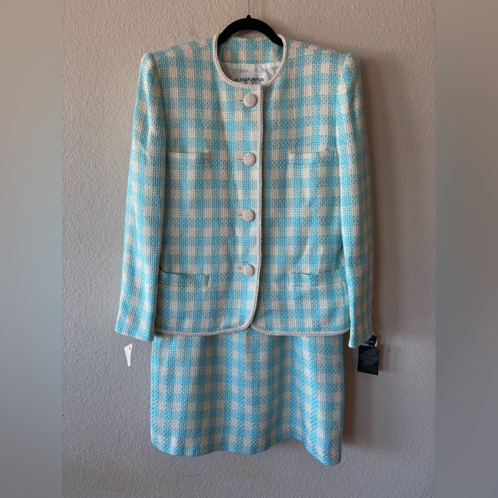 Albert Nipon Blue and White Tweed Skirt Suit Blazer Jacket